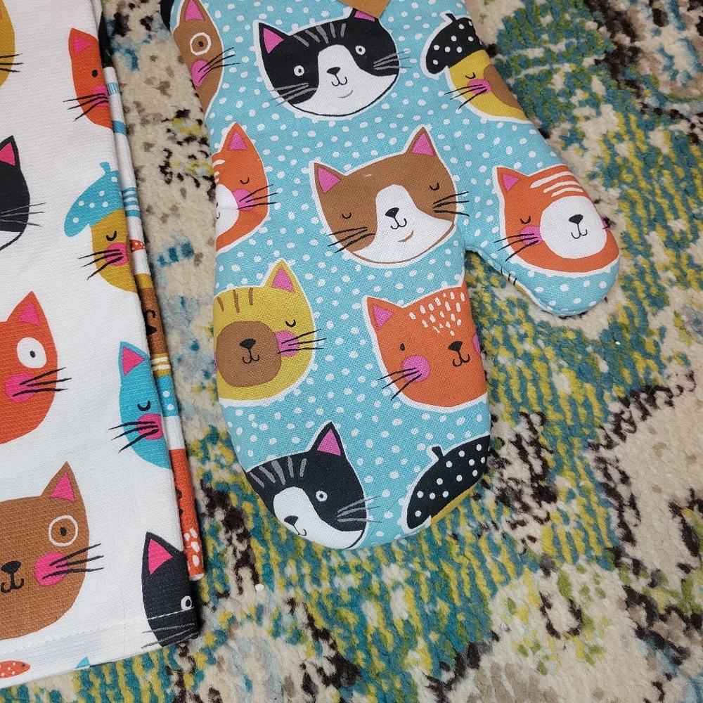 Kitchen Cat Printed Towel & Matching‎ Oven Mit NEW - Picture 4 of 5